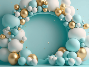 White, blue and gold balloon arch
