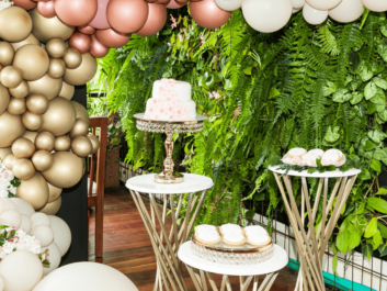 Gold, rose and white colored balloon arch