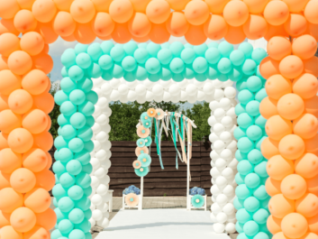 Orange, blue and white balloon canopy