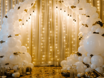 White balloons with fall decorations.
